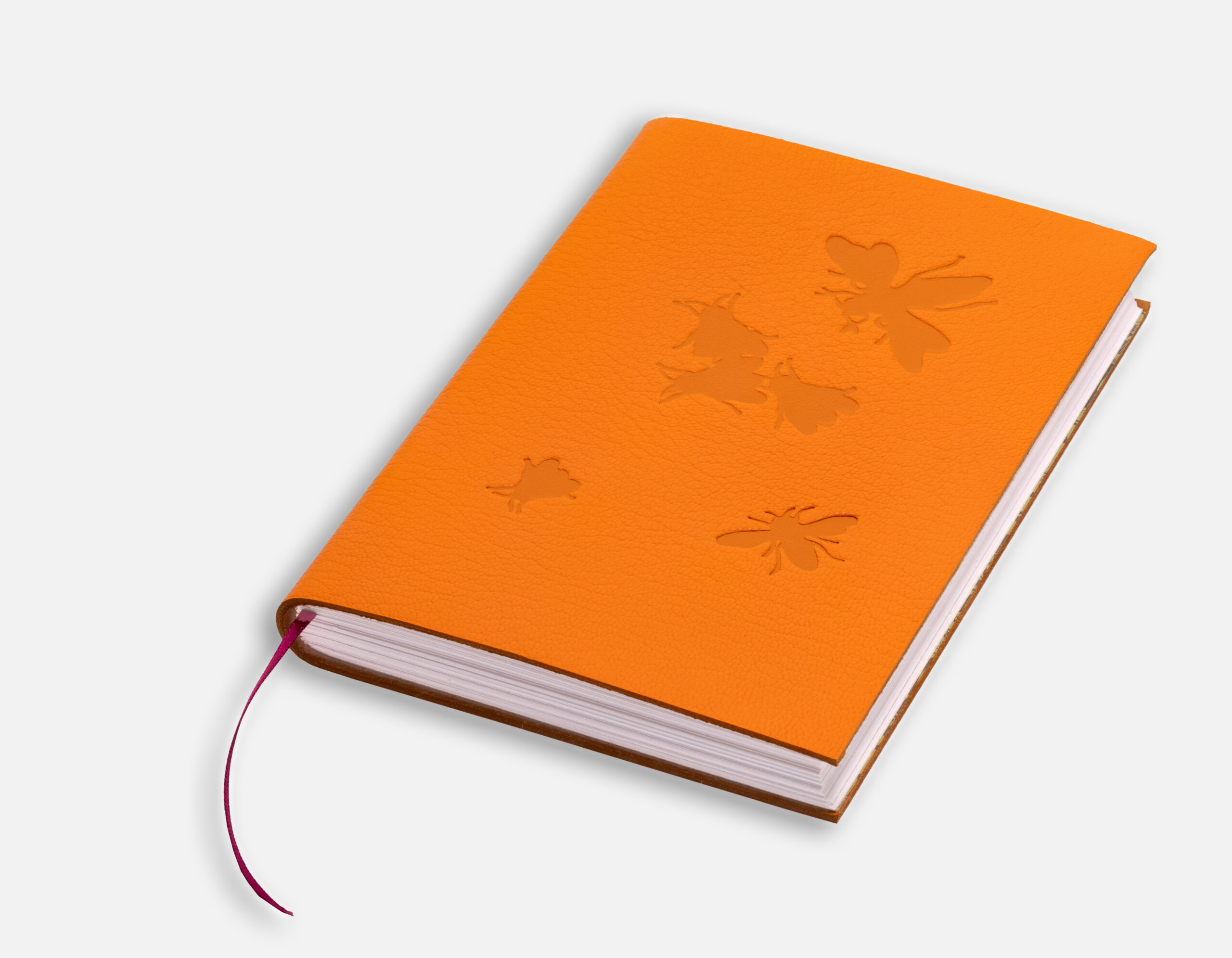 carnet d'art - L'encre des jours - Reine taïvran - Michaël Cailloux - cuir embossé - couture main - fil de lin - orange